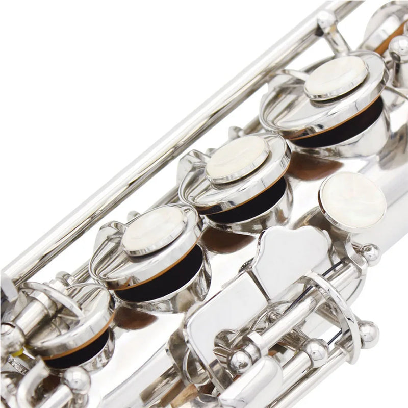 Saxofone soprano prateado Bb Flat Instrumento de sopro profissional Sax reto de latão com estojo Acessórios para instrumentos musicais