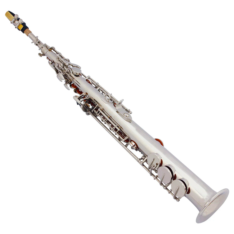 Saxofone soprano prateado Bb Flat Instrumento de sopro profissional Sax reto de latão com estojo Acessórios para instrumentos musicais