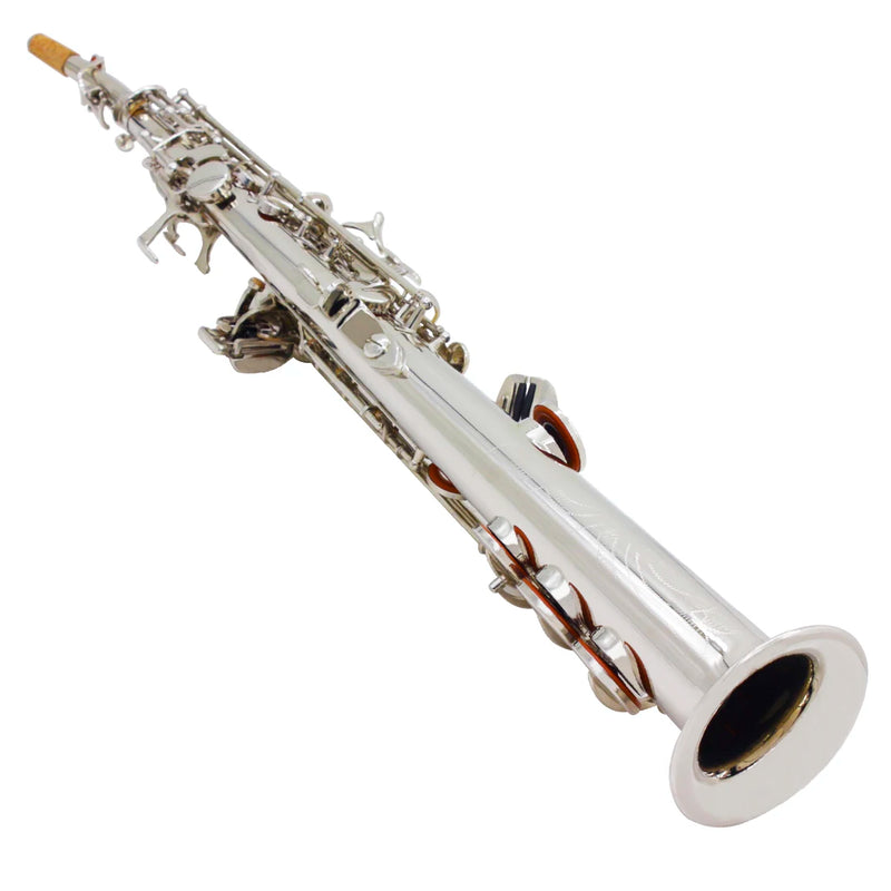 Saxofone soprano prateado Bb Flat Instrumento de sopro profissional Sax reto de latão com estojo Acessórios para instrumentos musicais